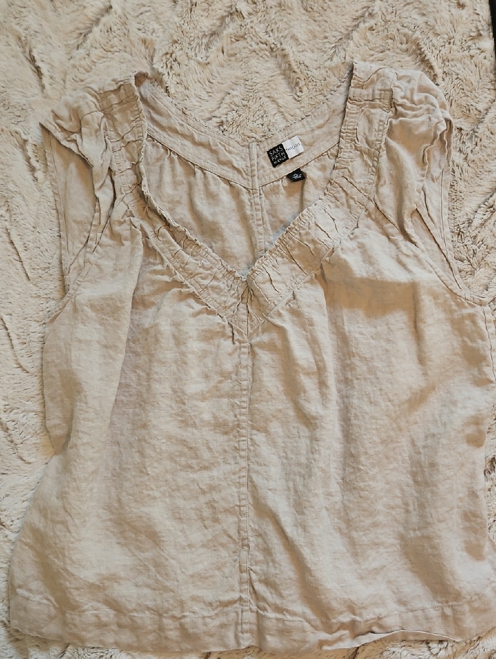 Eileen Fisher/Saks 5th Ave Light Beige Linen V-Neck Sleeveless Top